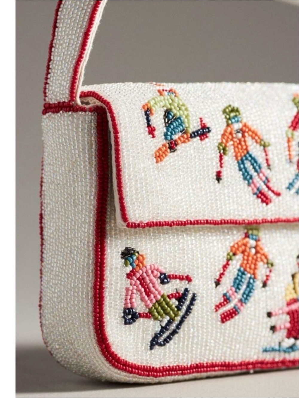 NWT Anthropologie First Edition Fiona White Beaded Ski Motif Bag with Red Trim. - Picture 2 of 13